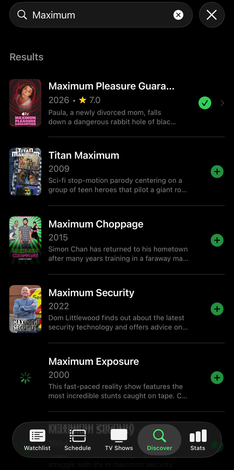 Discover tab — searching for Welcome to Wrexham and showing the result with a one-tap add button