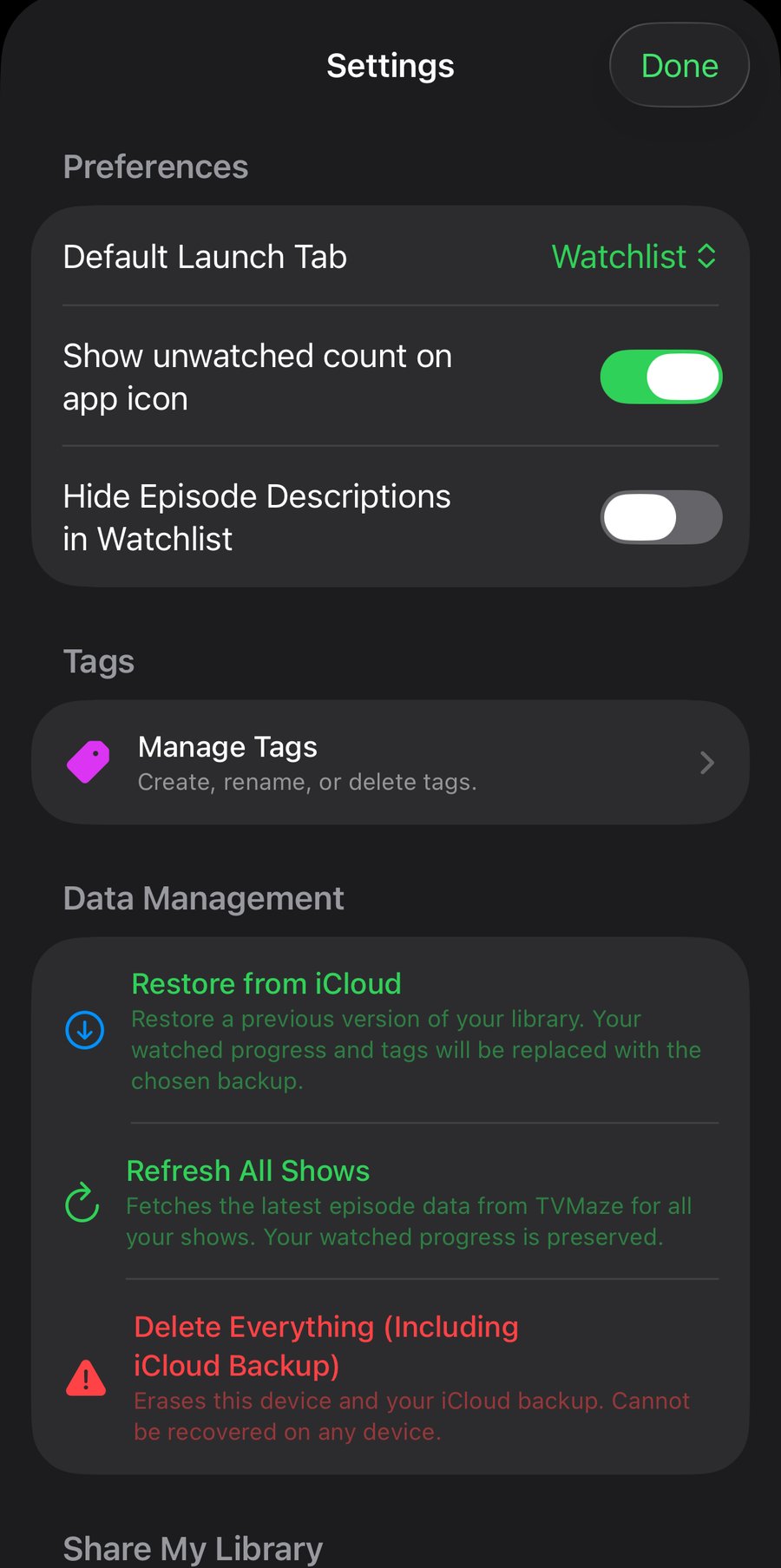 Settings screen — Preferences, Tags, and Data Management including Restore from iCloud
