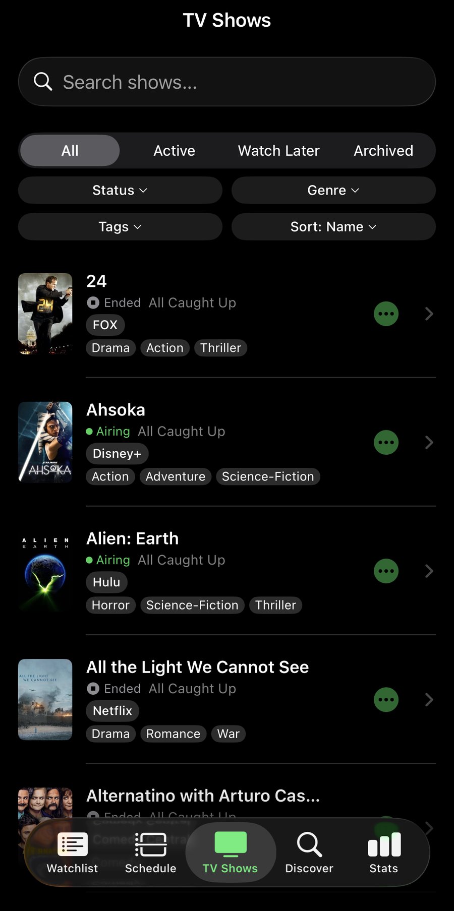 TV Shows tab — full library list with Status, Genre, Tags, and Sort filters